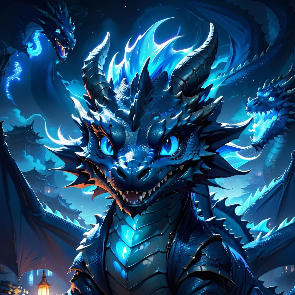 Epic Glowing Blue Dragon Digital Illustration
