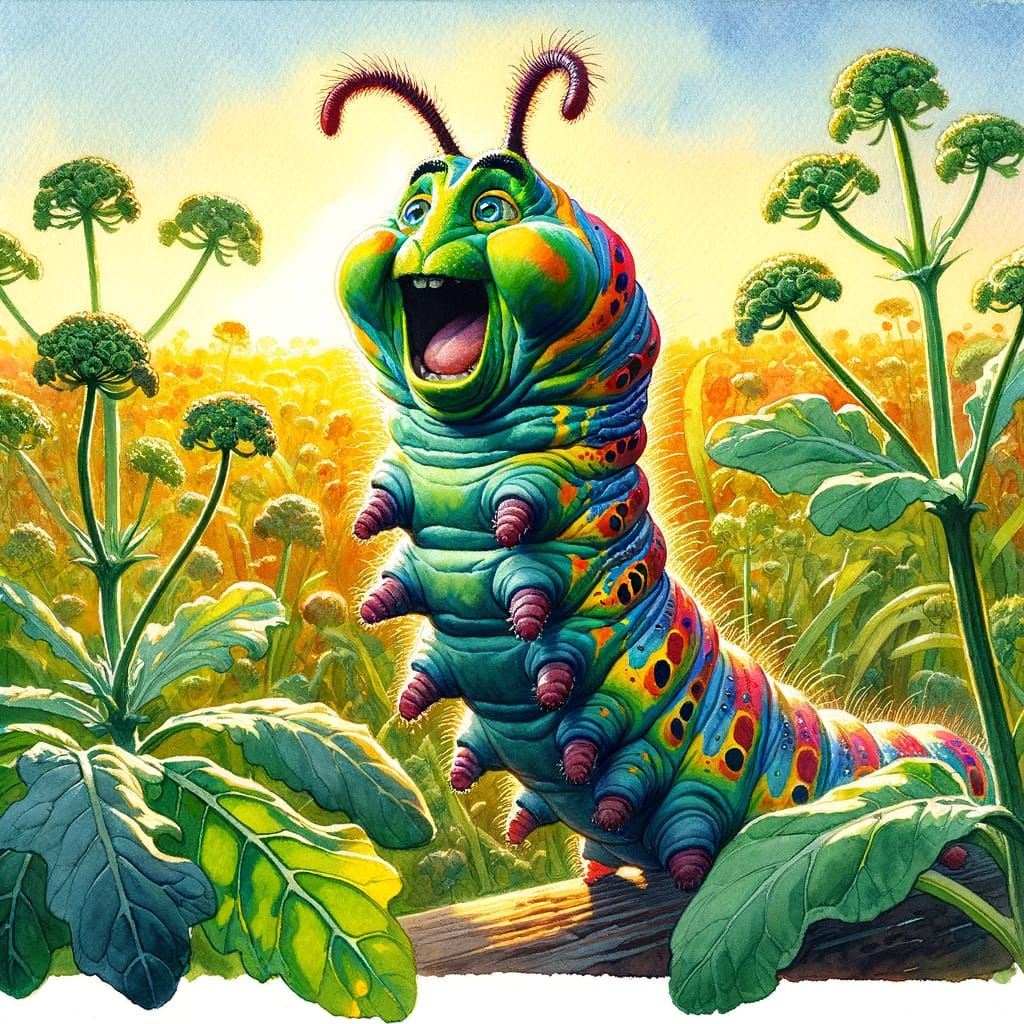An excited catapillar in a rucola field