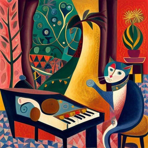 Cat Playing Piano in Surrealist Style