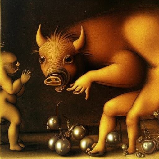 Surreal Decay: Boar with Pearls in Renaissance-Cubist Style