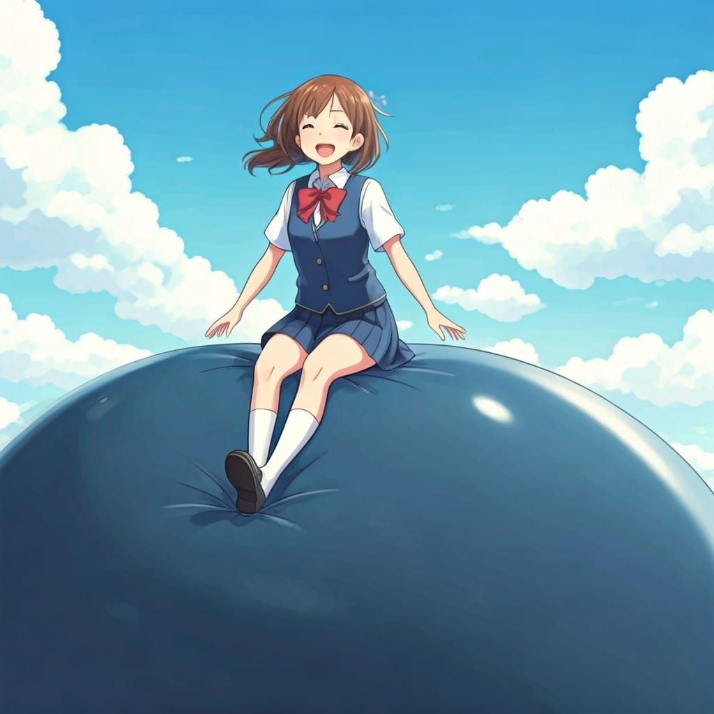 Cheerful Schoolgirl Bouncing, Ghibli-Style Illustration