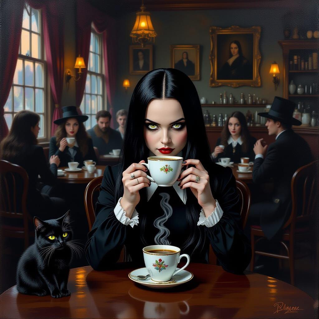 Wednesday Addams in a Supernatural Cafe
