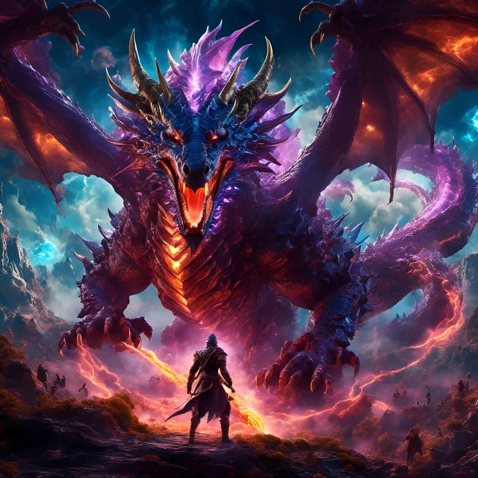 Spellcaster vs Dragon in Nebula Sky, Epic 3D