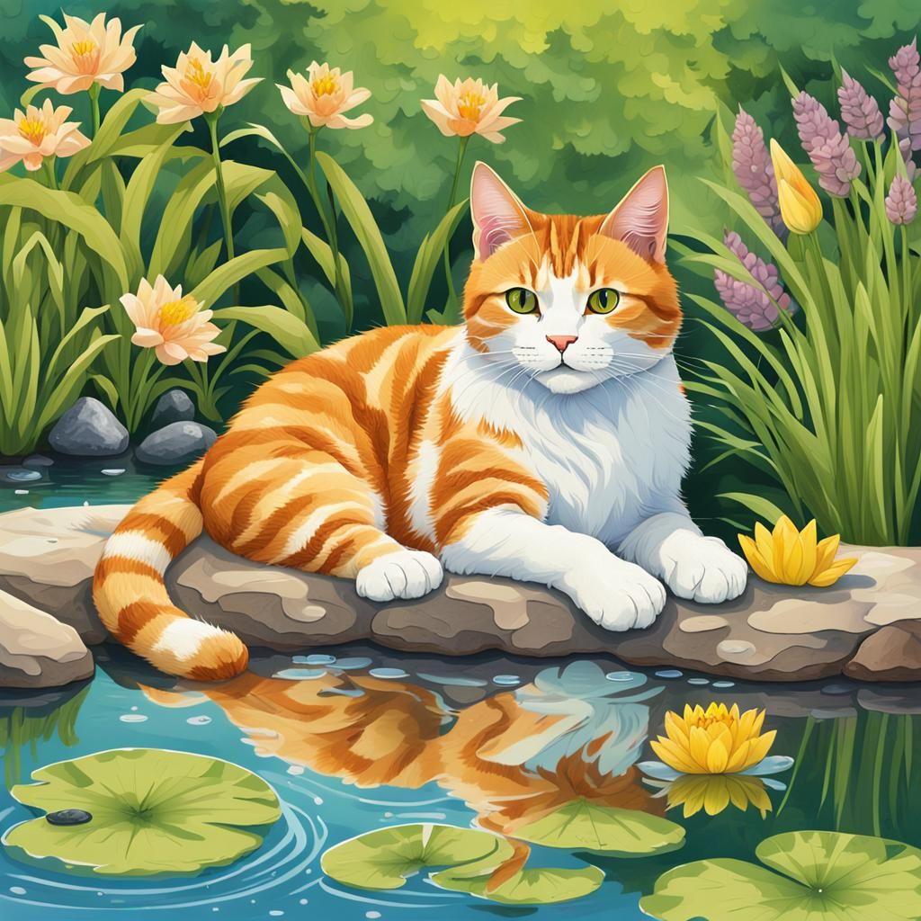 A ginger and white tabby cat with soft fur, laying lazily by...