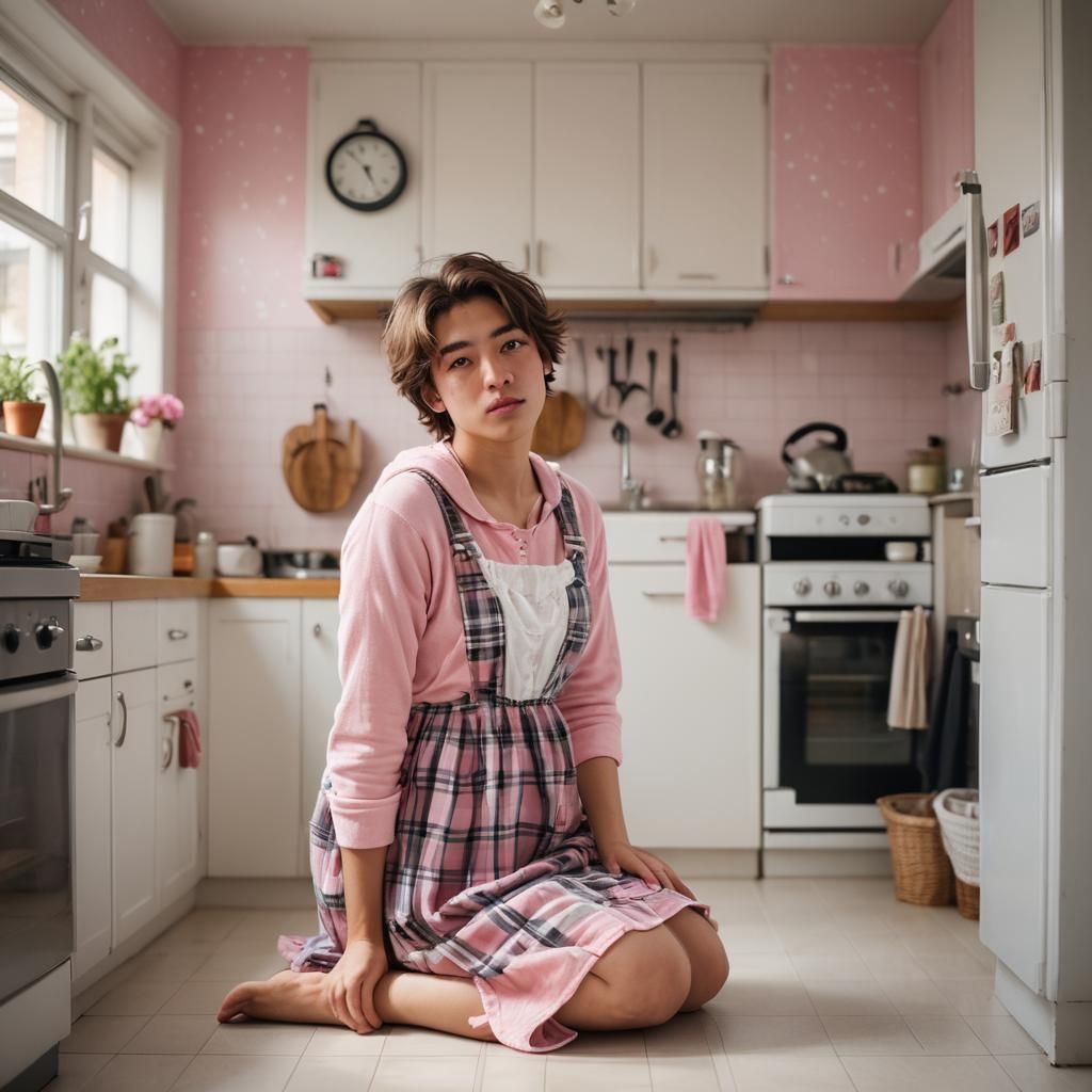 Boy in Babydoll Dress Washing Floor: Realistic Photo