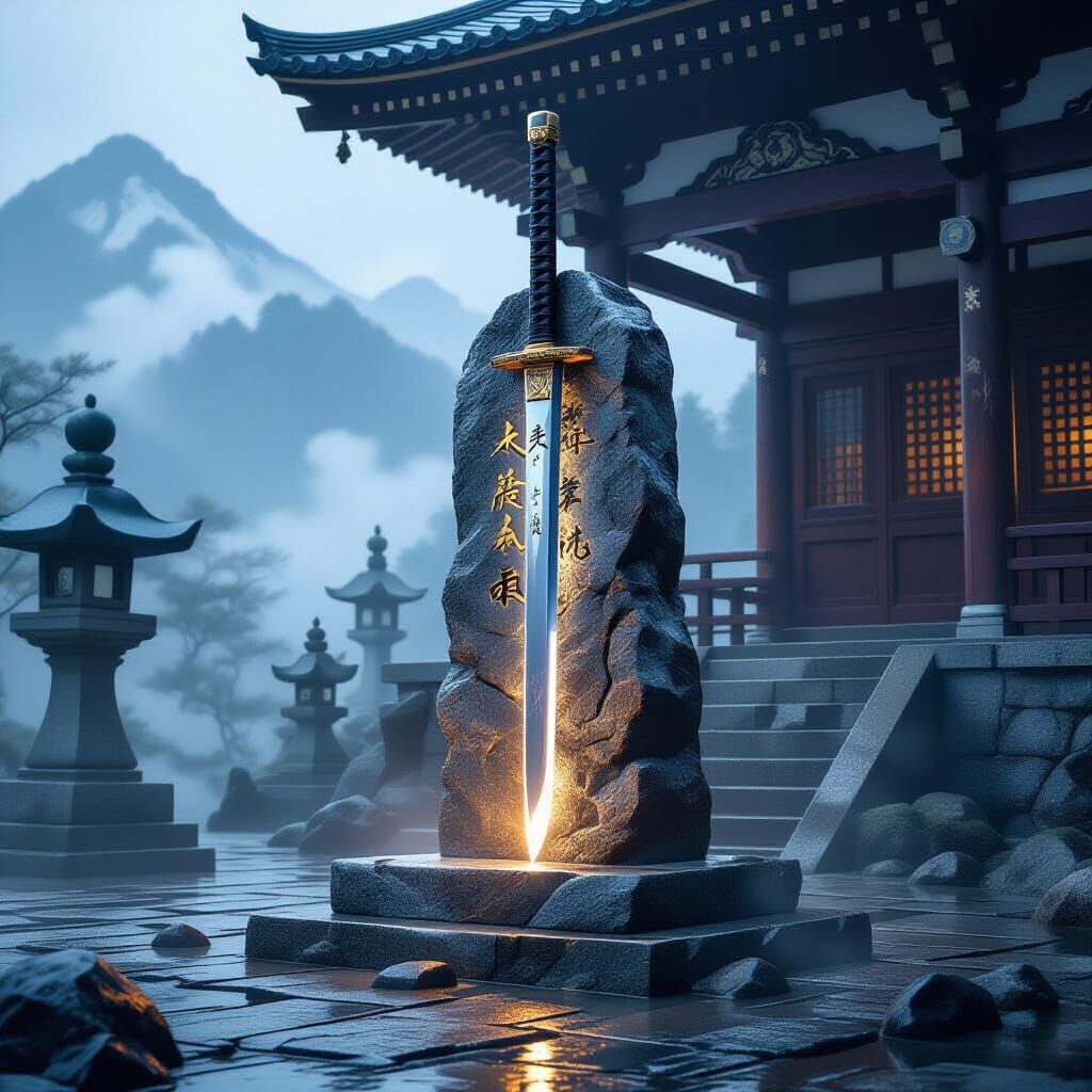Legendary Katana Glowing in Misty Mountain Temple