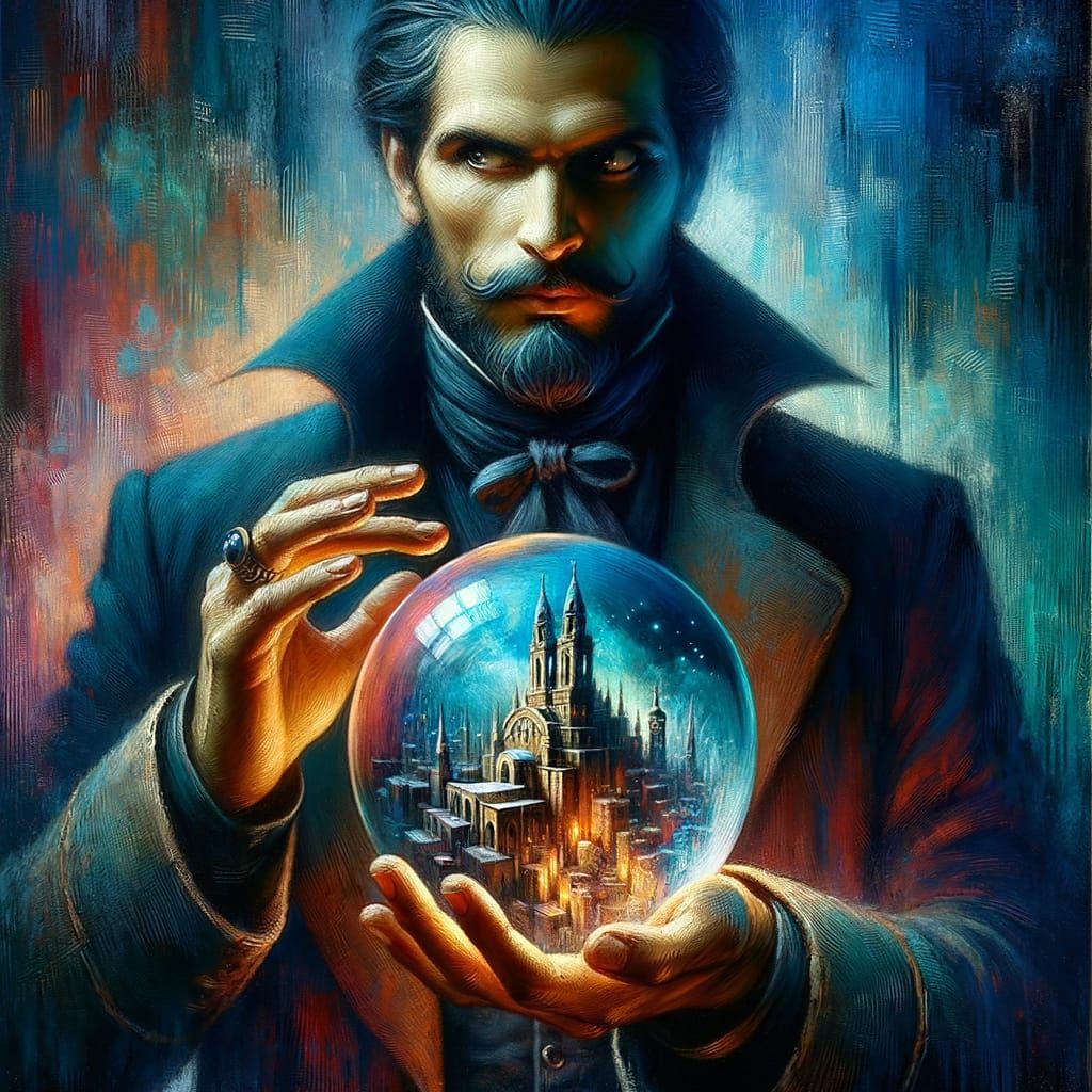 Mysterious Man with City Orb in Fantasy Style