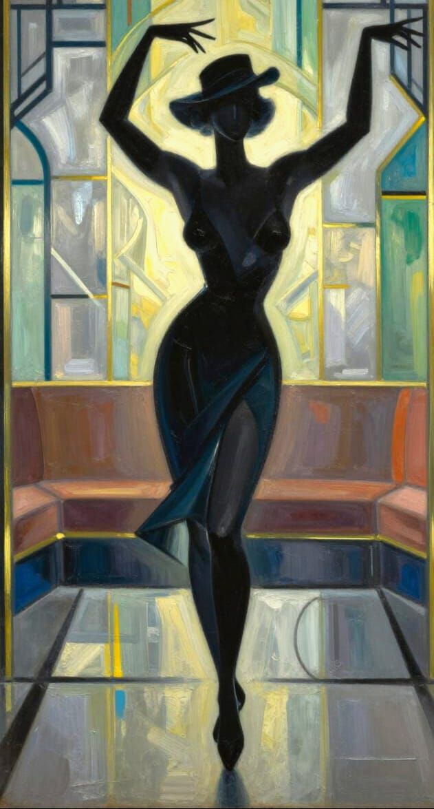 Art Deco Flapper Silhouette in Nightclub Oil Painting