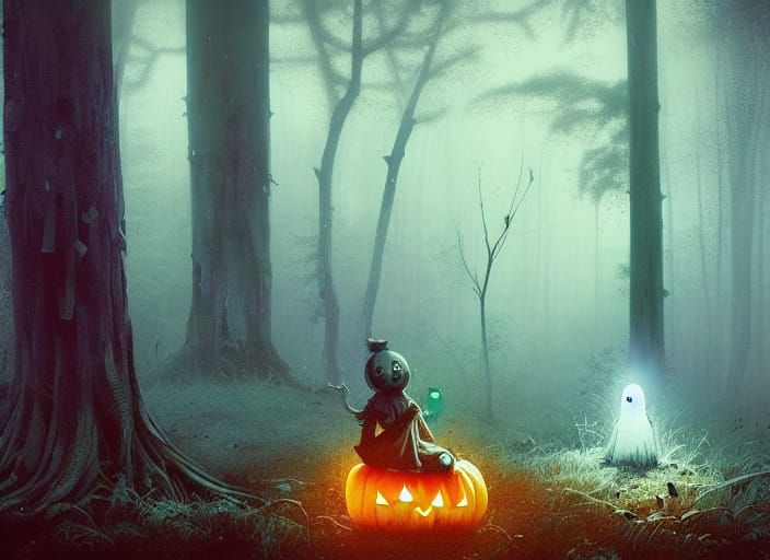 Joyous Ghost in Halloween Forest: Matte Painting