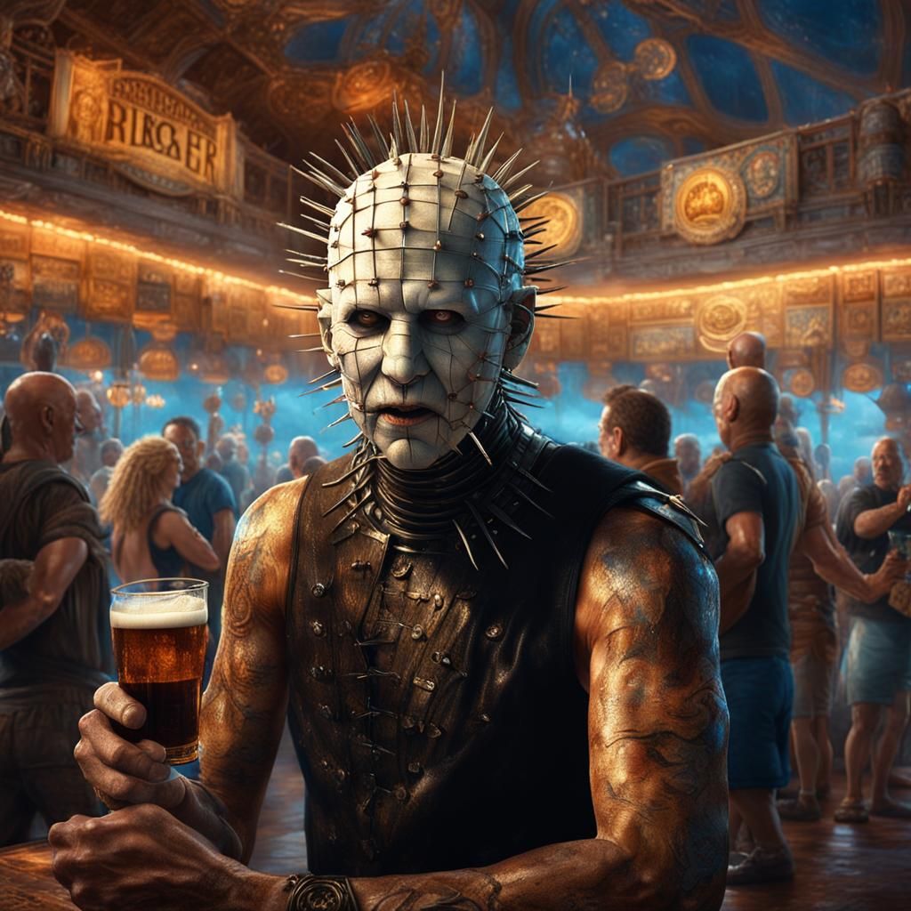 Lifelike Pinhead from the Movie Hellraiser, vacationing at Spring Break Bikini Contest, in Florida, drinking a local bee...