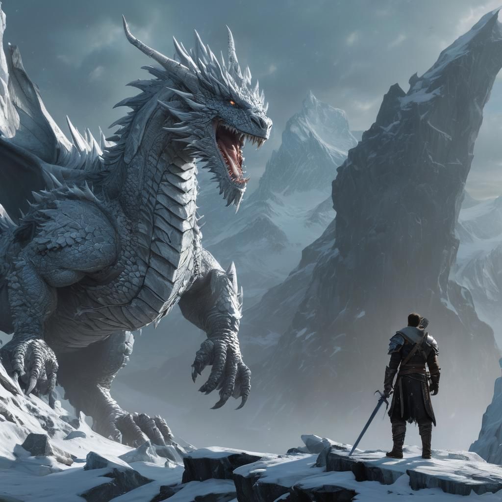 Ice Dragon and Warrior in Dark Fantasy Art