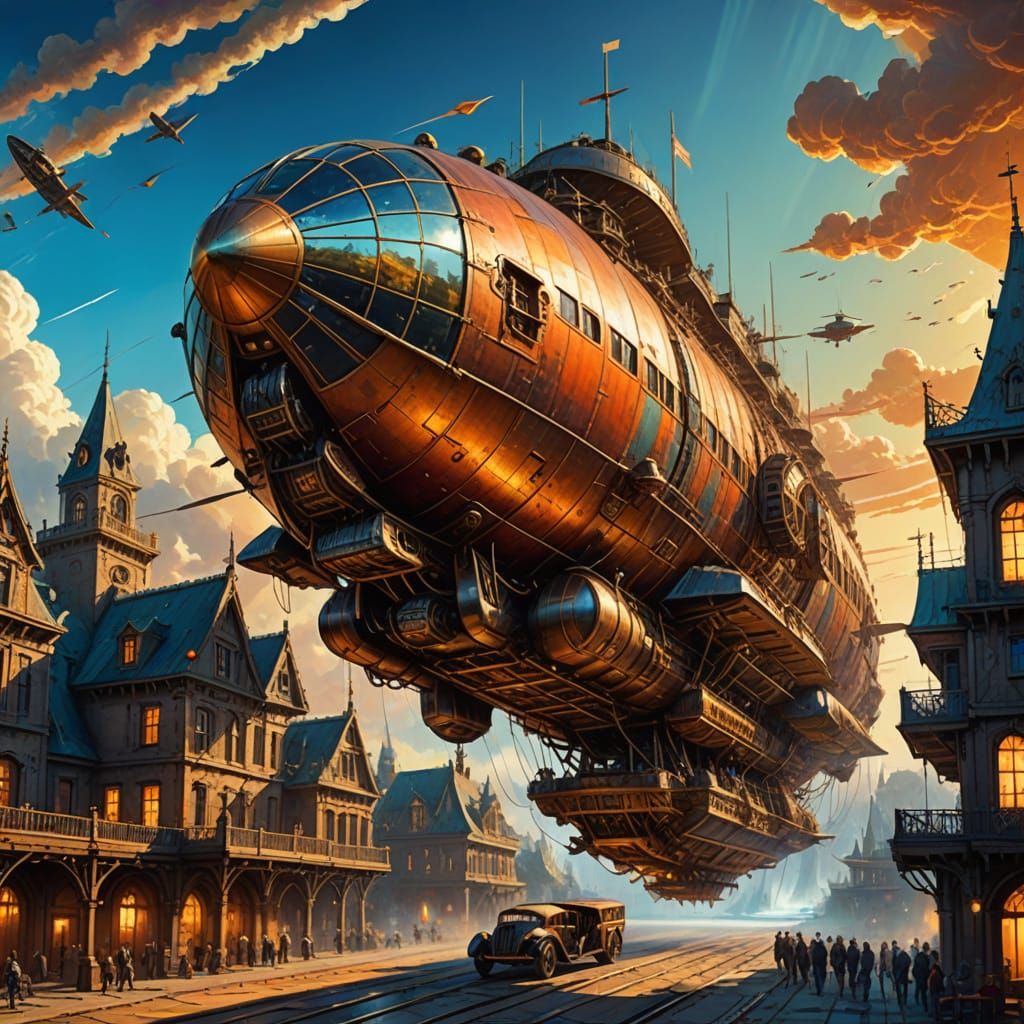 Steampunk Zeppelin Soars Towards Alien Castle in Golden Hour