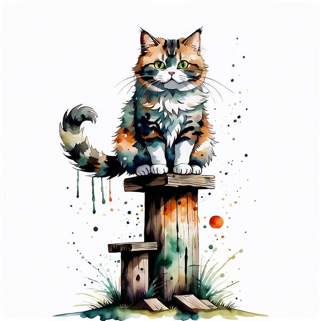 Fluffy Cat Contemplating a Jump, Watercolor Style