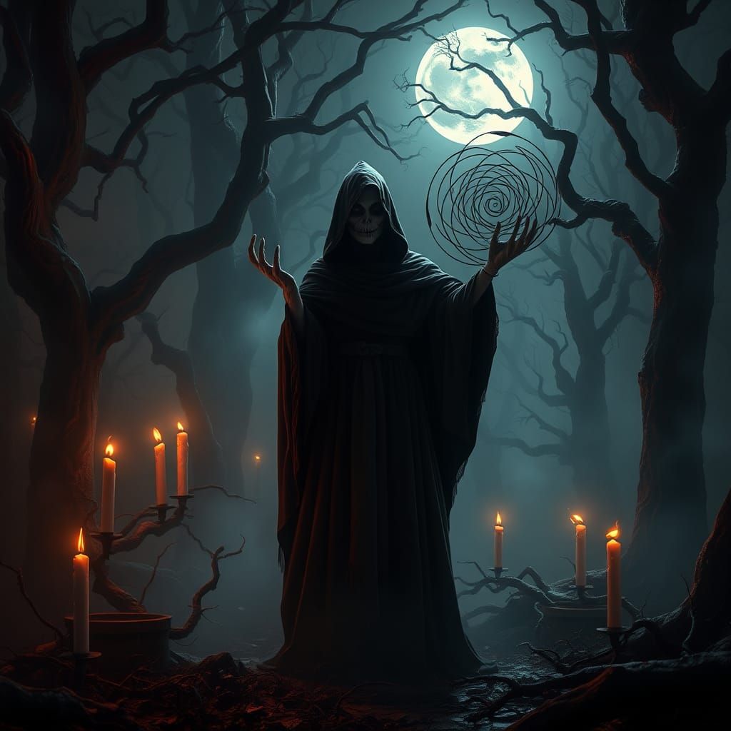 Halloween,  A witch casting a spell in a dark forest.
