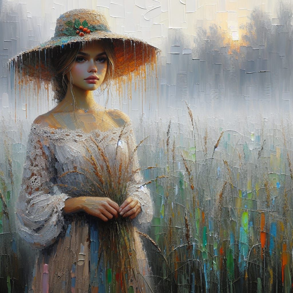 Girl in Straw Hat at Dawn: Impasto Oil Painting