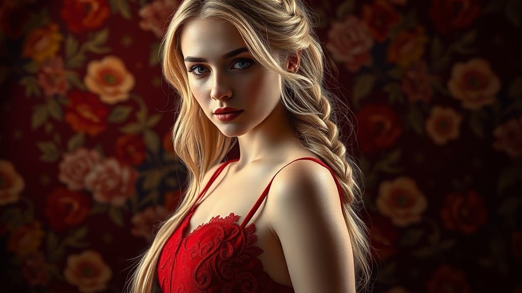 Woman in Red Gown: Hyperrealistic Digital Portrait