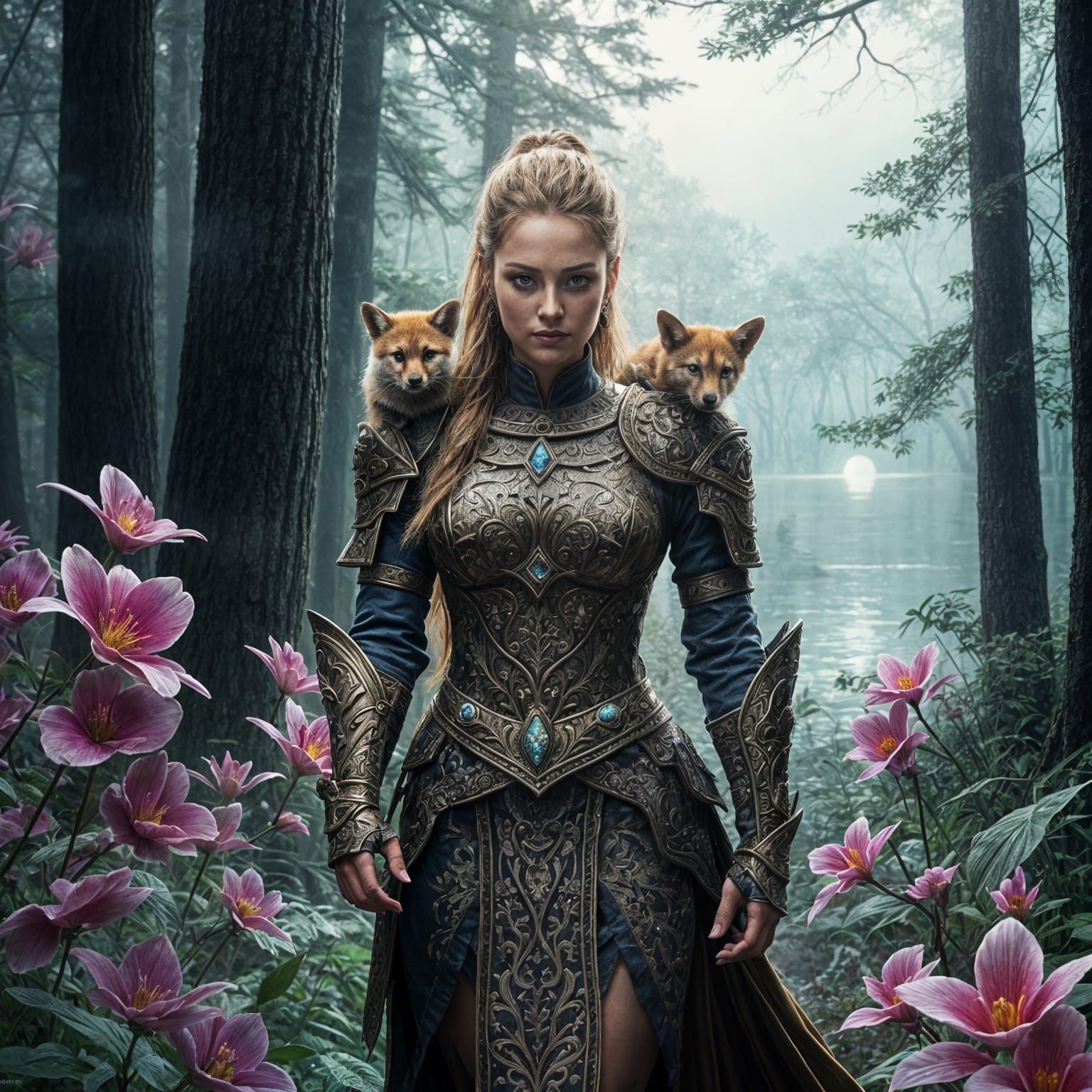 Warrior Princess in Hyperrealistic Armor, Surrounded by Whim...