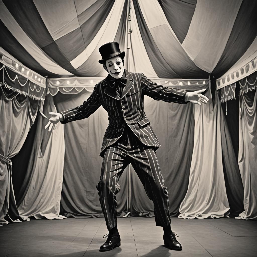 Mime Artist's Surreal Pantomime Performance in Black and Whi...