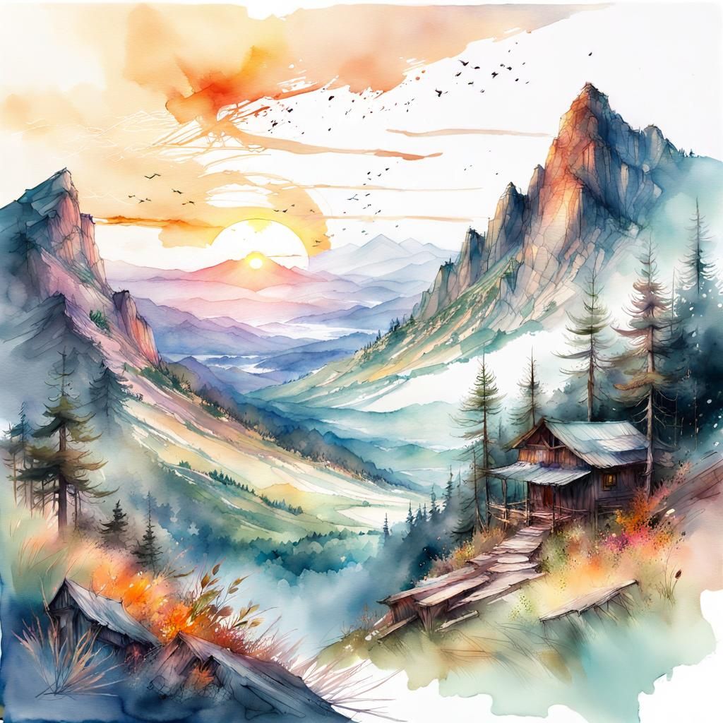 Appalachian Summer Mountain Landscape Watercolor Illustratio...