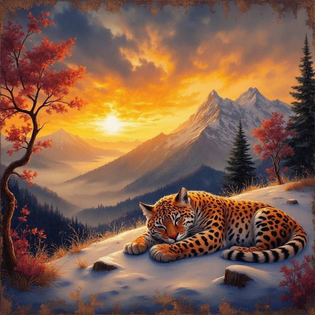 Snow Leopard in a Foggy Swiss Winter Scene