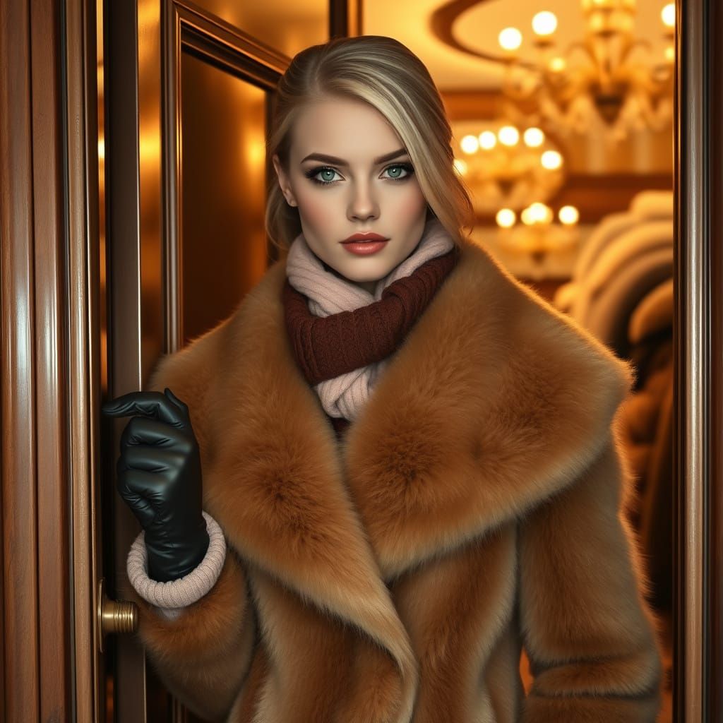 Glamorous Young Woman in Luxurious Fur Coat