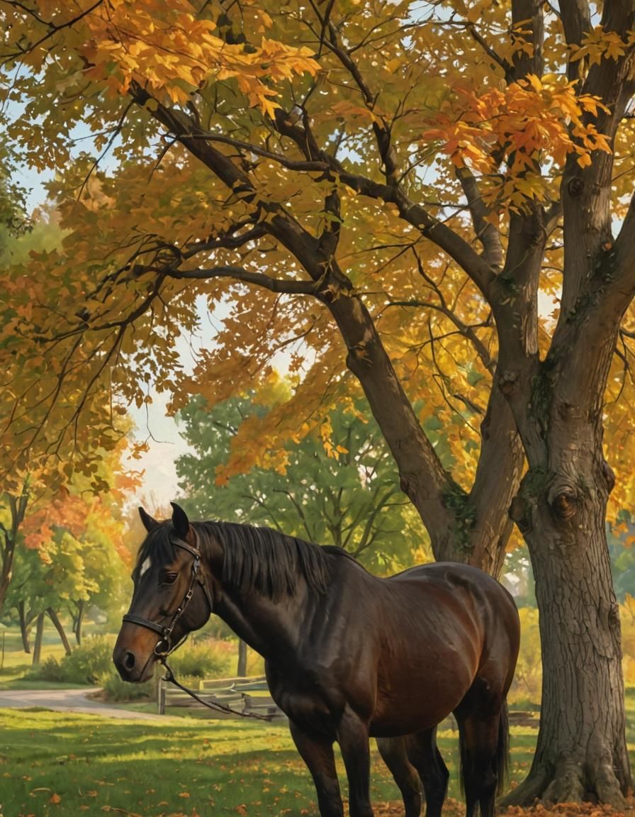 Black Horse Grazing: Impressionist Oil Painting