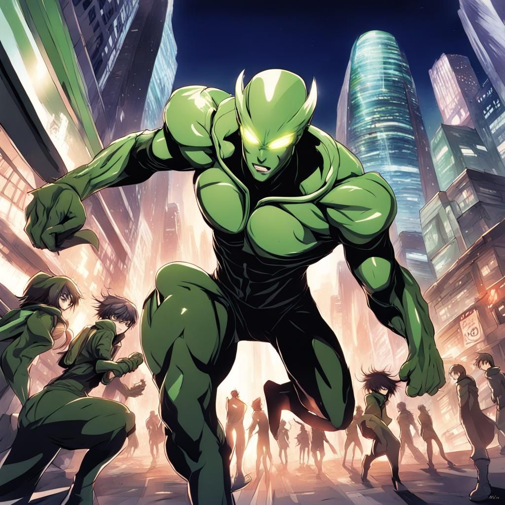 Male Dryad Superhero vs Aliens: Anime-Style Battle