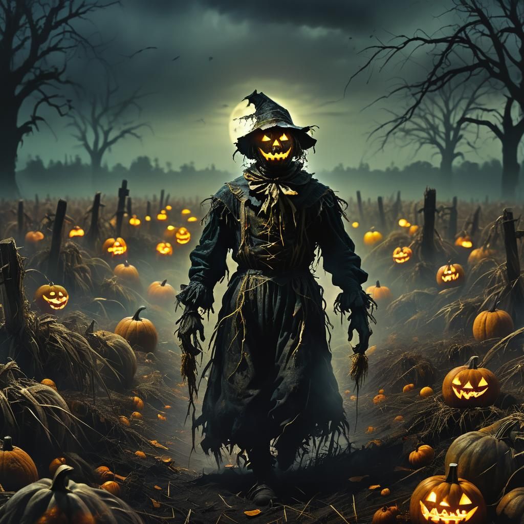 Terrifying Scarecrow with Glowing Eyes in Dark Field