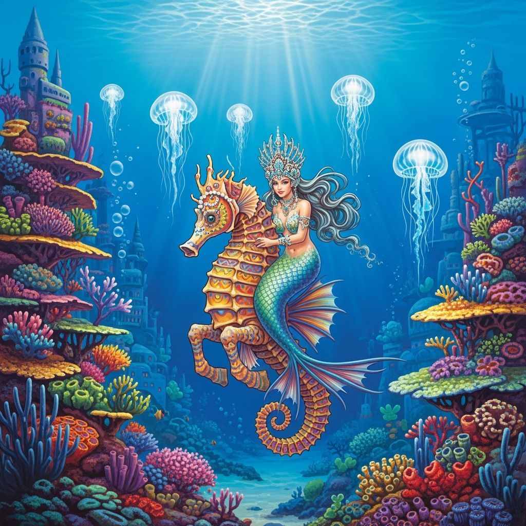 Mermaid on Seahorse in Bioluminescent Coral City