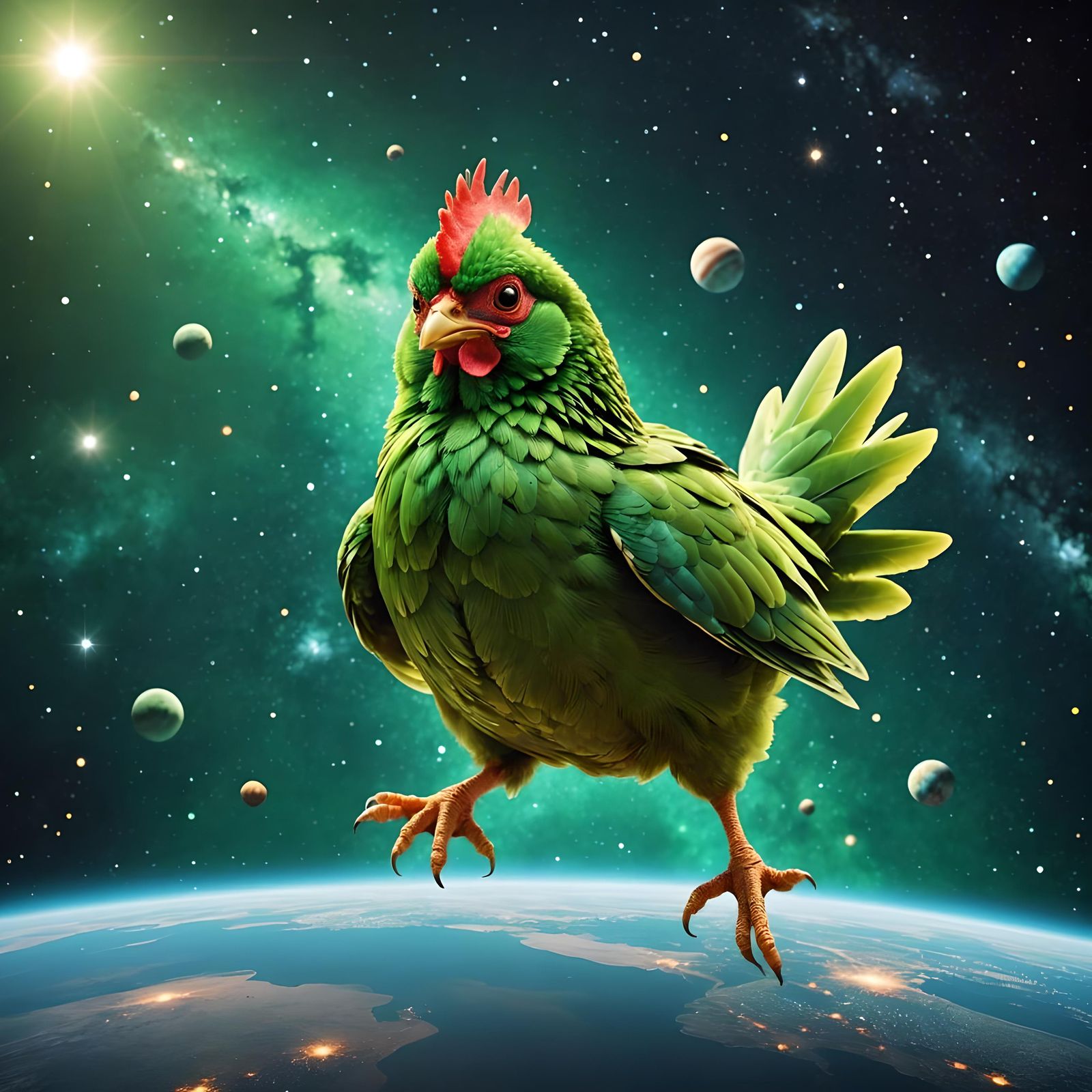 Green Chicken Levitating in Space