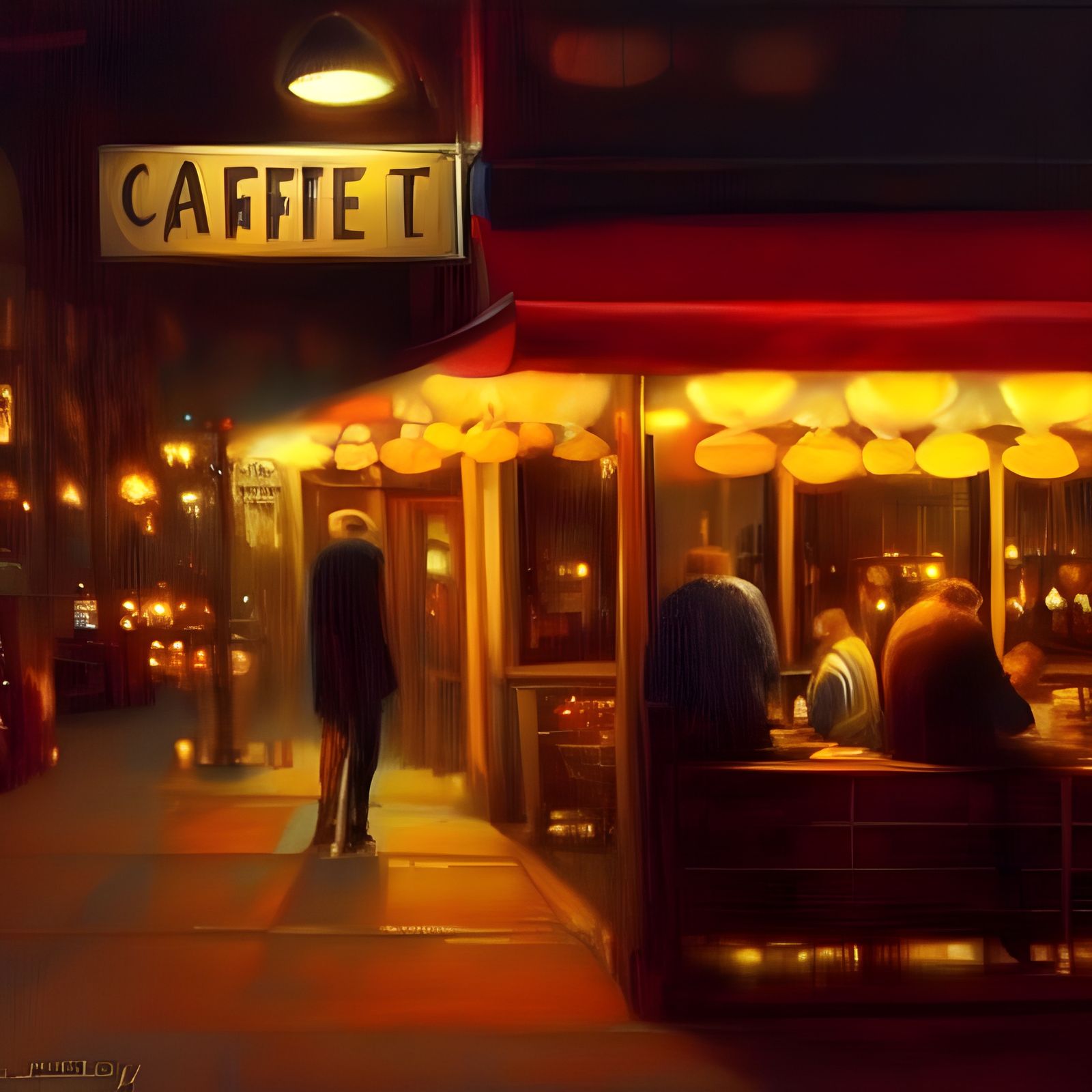 Cozy Night Cafe Scene in Oil Painting Style