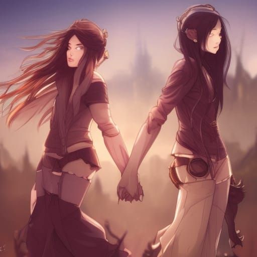 Teenage Girls Kissing in Anime Key Visual Style