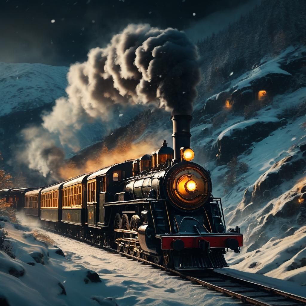 Vintage Steam Train at Night as Oil Painting