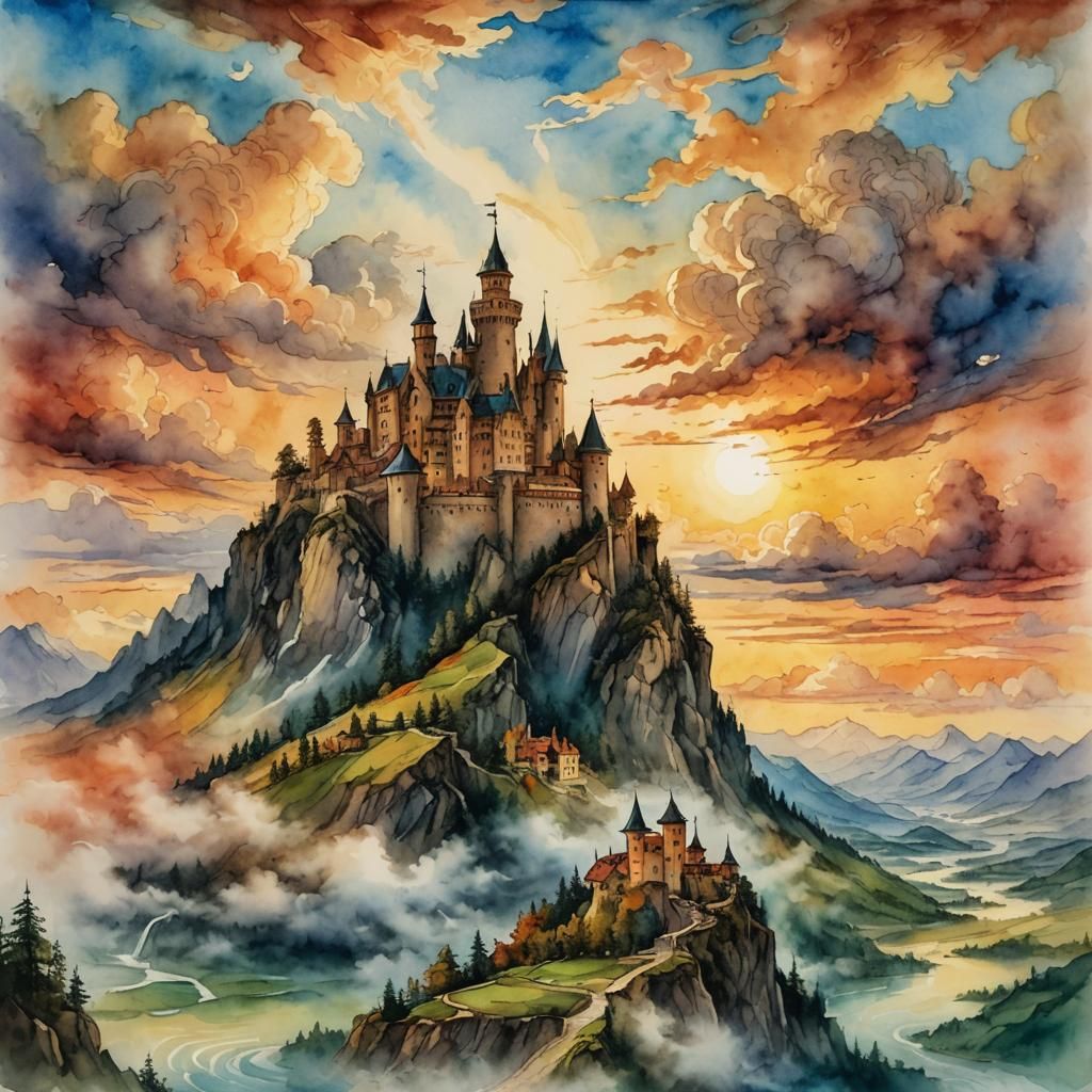 Fantasy Castle at Sunset in Watercolor Style