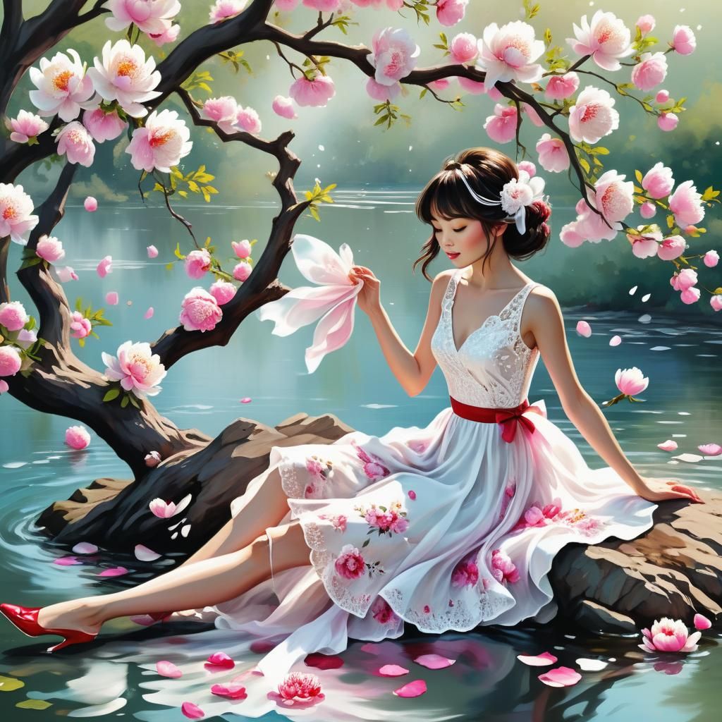 Woman Under Peony Tree in Anime Watercolor Style