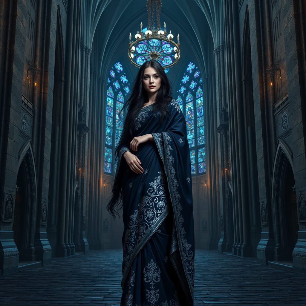 Gothic Goddess in Elegant Dark Blue Saree with Intricate Sil...