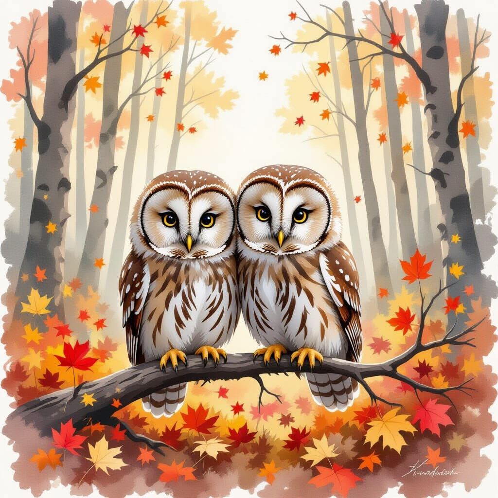 Adorable Owlets in Autumn Forest, Watercolour Style