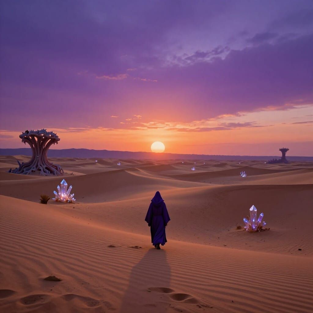 Wizard in Alien Desert at Twilight, Bioluminescent Flora