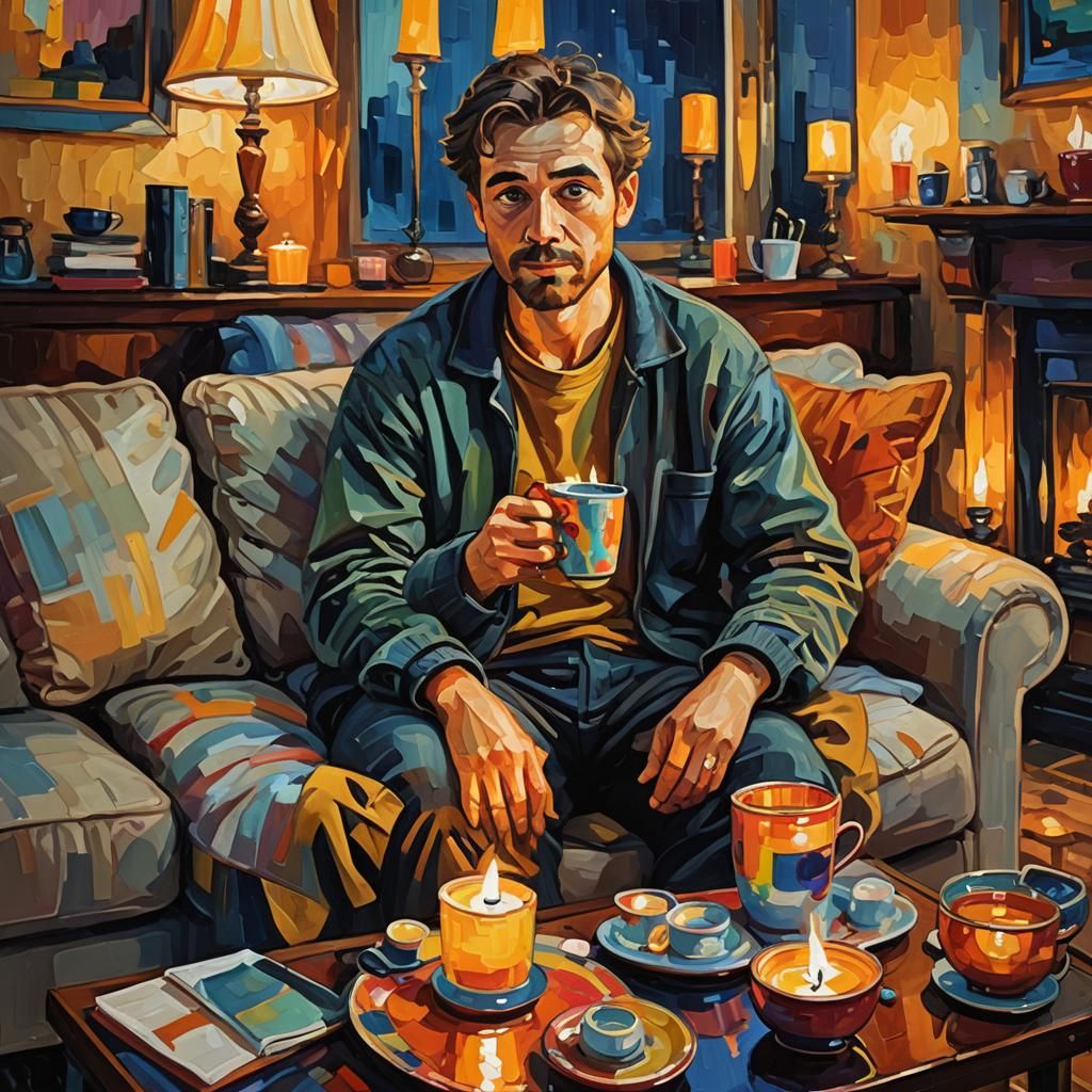 Cozy Couch Potato in Neo-Impressionist Oil Painting