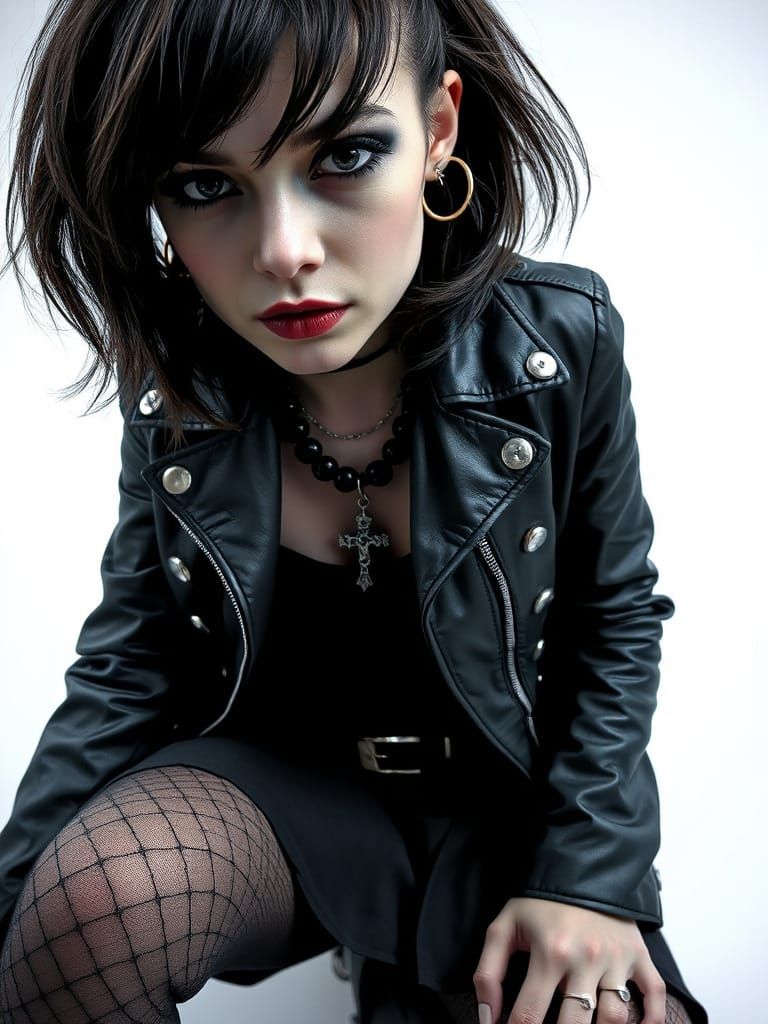 Emo Punk Woman in Leather Jacket Close-Up