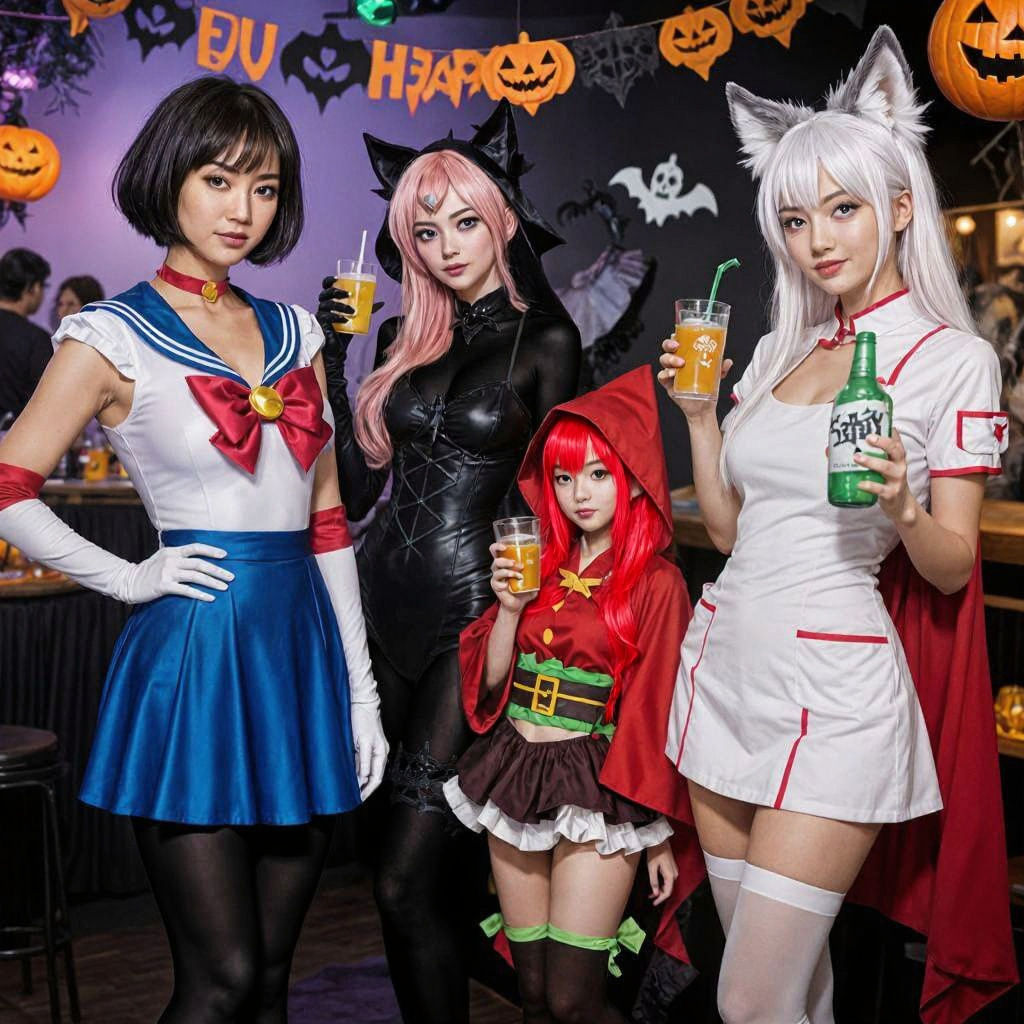 Halloween Party Fun With Five Costumed Women