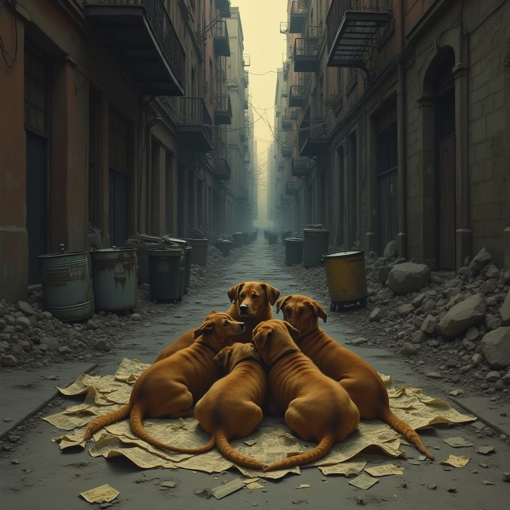 Blink Dogs in War-Torn Alleyway, Gritty Realism