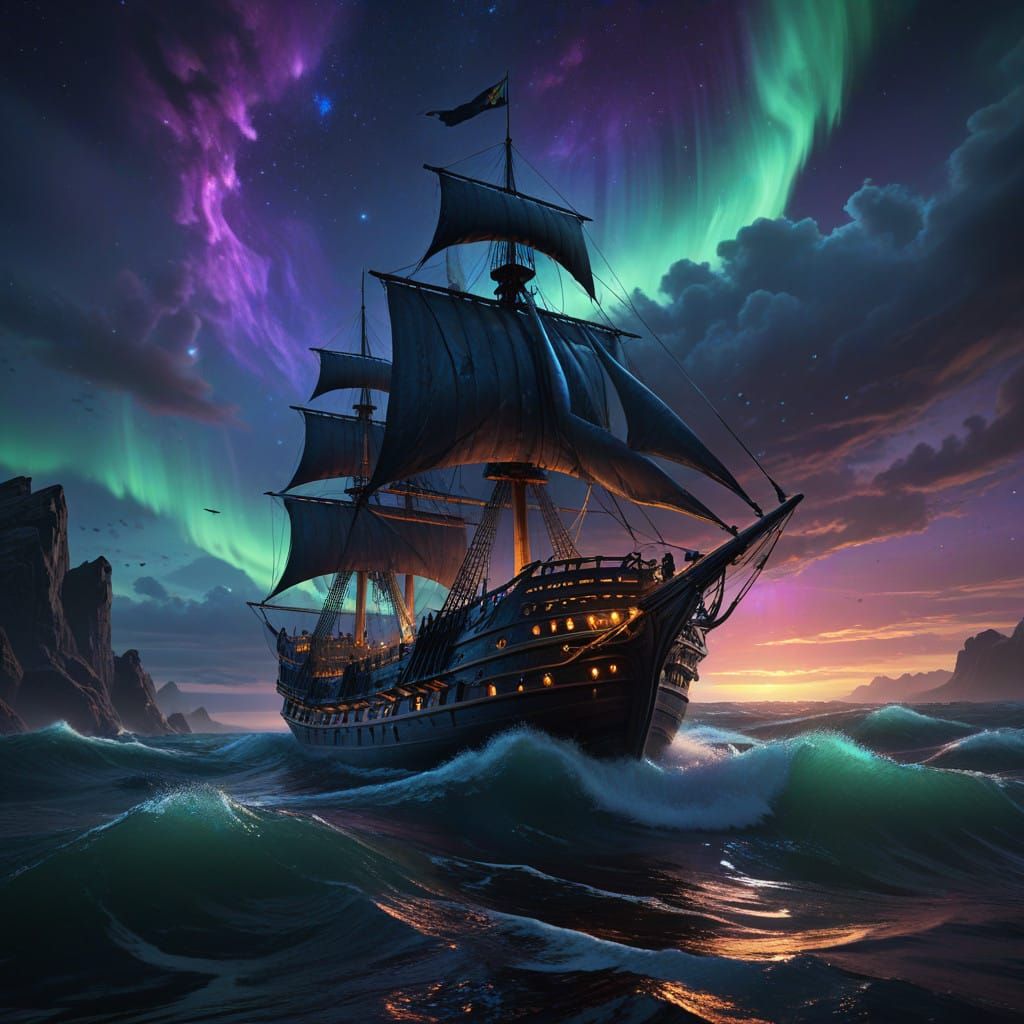 Majestic Night Ship Amidst Aurora