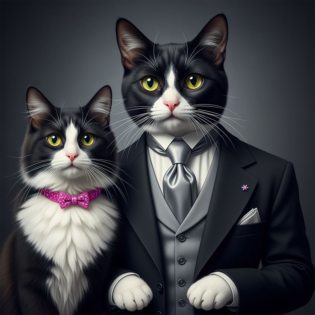 Dapper Tuxedo Cat Couple in Moody Cinematic Style