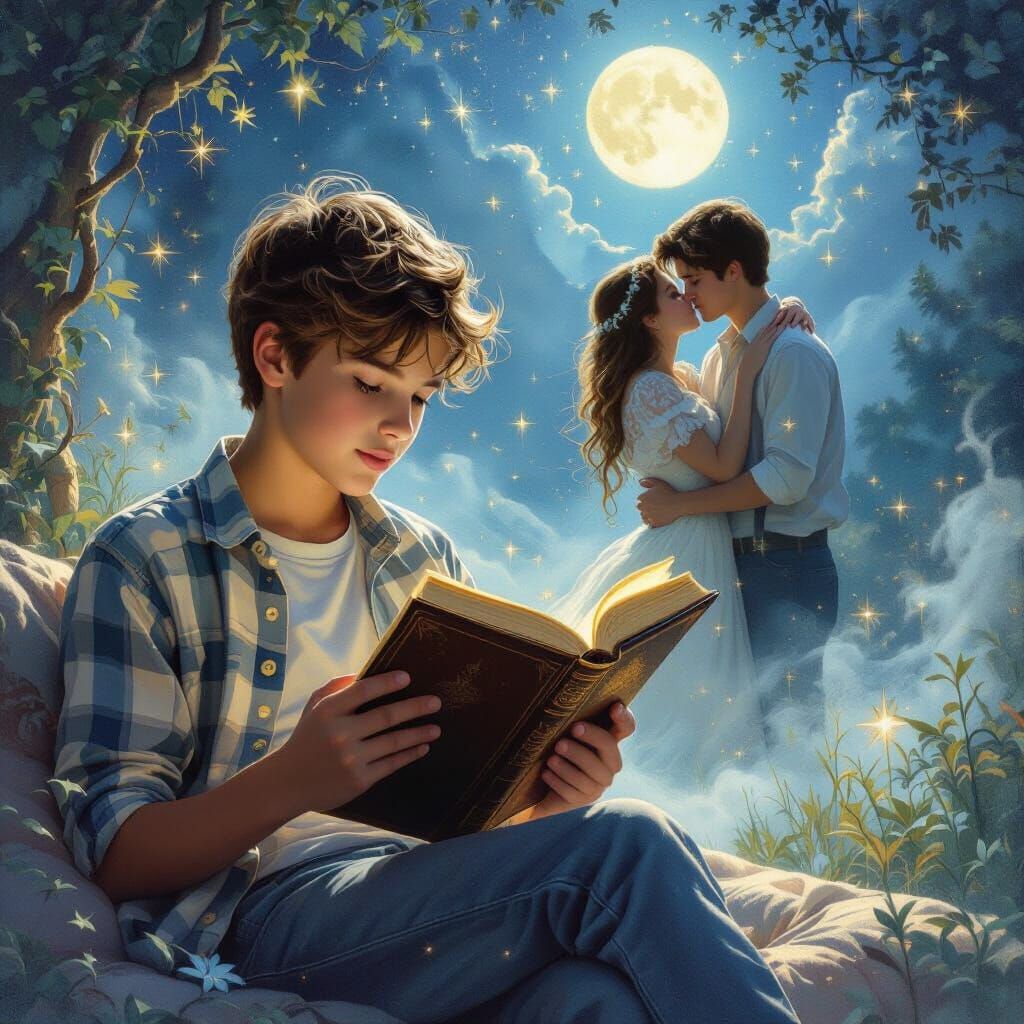 Boy Reading Book with Fantasy Moonlit Scene