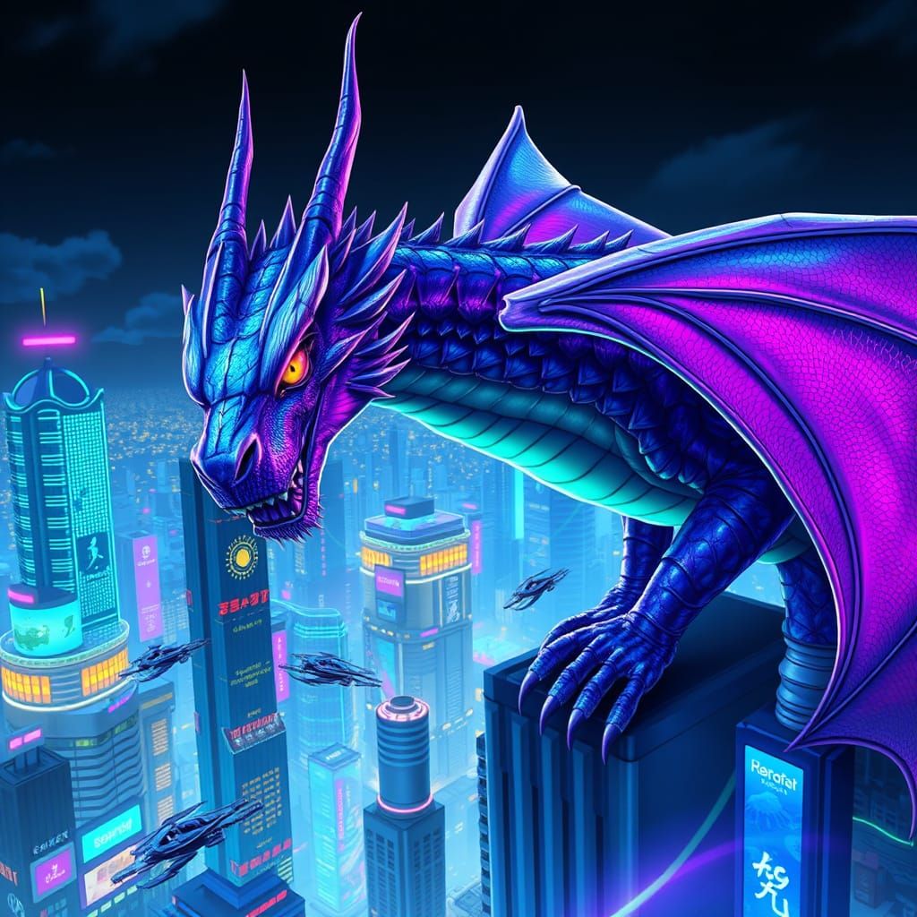 Dragon in Futuristic City Reflecting Neon Lights