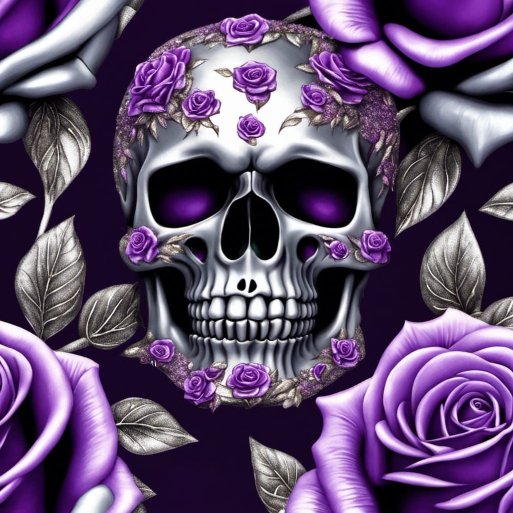 Glittering Silver Skull with Purple Roses
