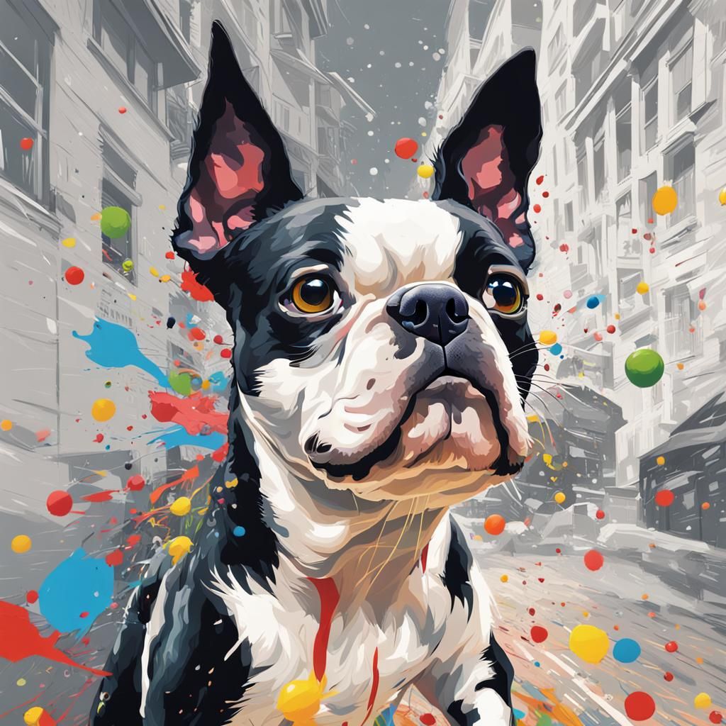 Hyperrealistic Boston Terrier Running: Splash Art Style
