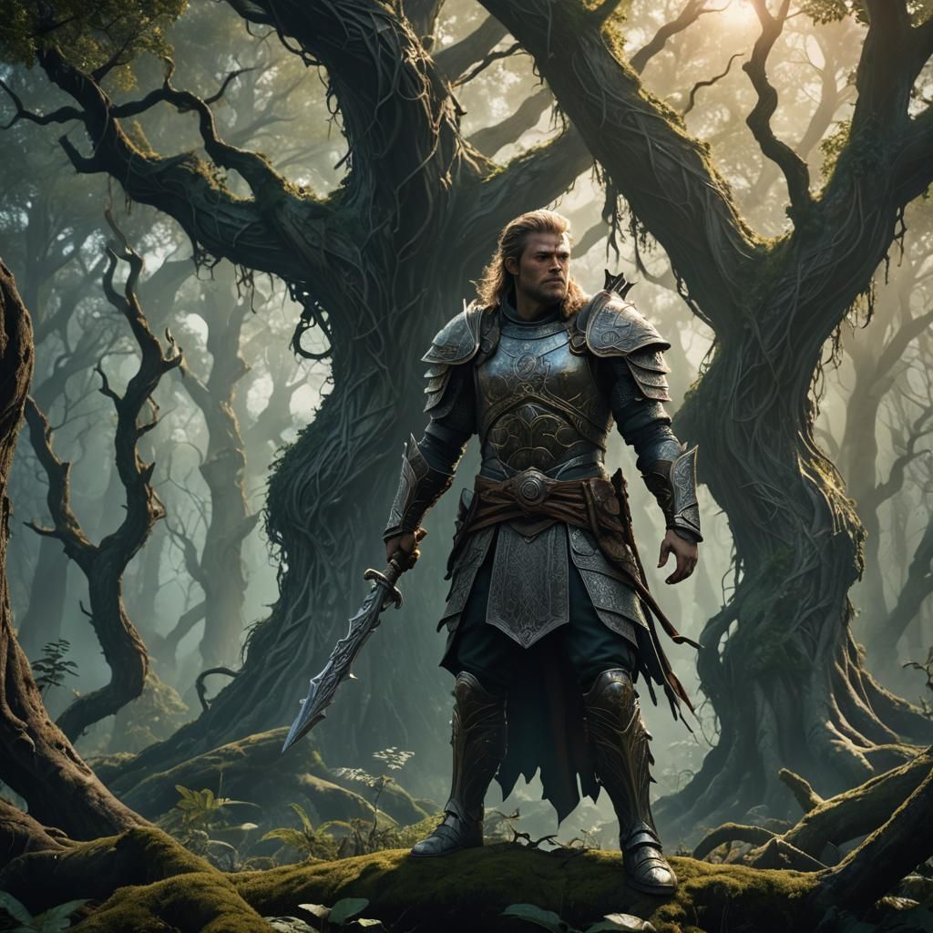 Fantasy Warrior in Mystical Forest: Matte Painting