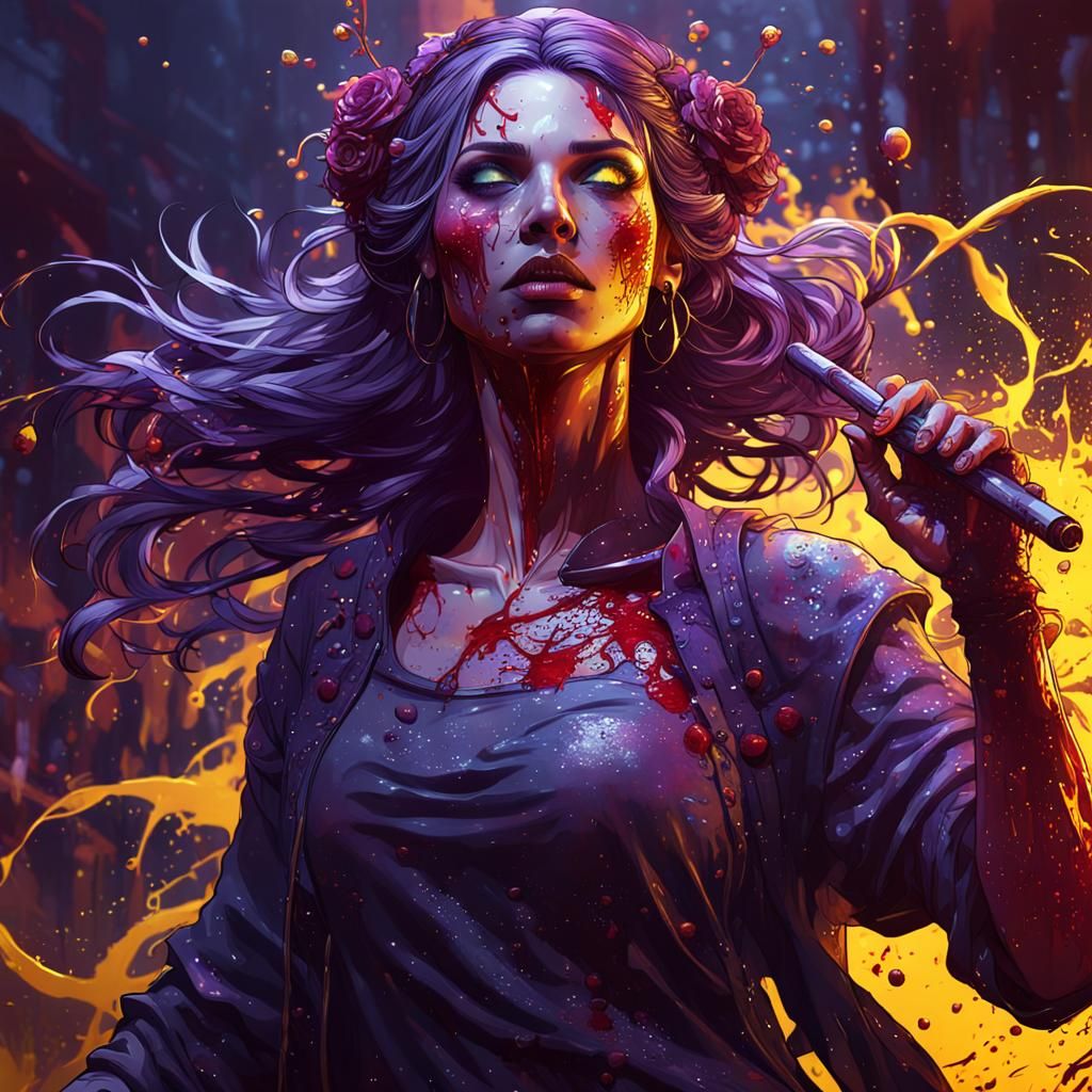 Music Girl with Blood Splashes: Dark Fantasy Art